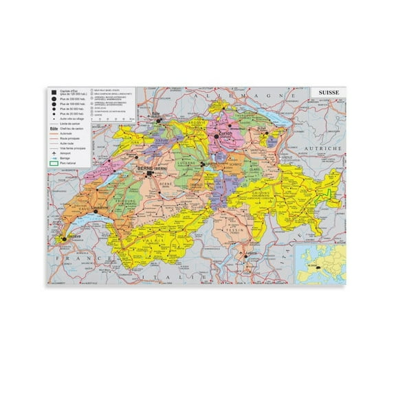 Switzerland Map Posters Canvas Wall Art Poster Decorative Bedroom Modern Home Print Picture Artworks Posters 08x12inch(20x30cm)