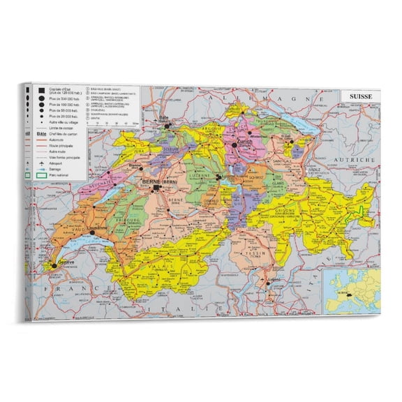 Switzerland Map Posters Room Aesthetic Poster Print Art Wall Painting Canvas Posters Gifts Modern Bedroom Decor 16x24inch(40x60cm)