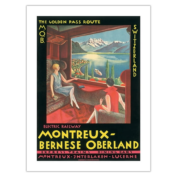 Switzerland-Montreux-Bernese Oberland Electric Railway MOB-Montreux Interlaken Lucerne Express Trains-Vintage Railroad Travel Poster c.1925-Bamboo Fine Art 290gsm Paper Print (Unframed) 18x24in