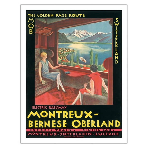 Switzerland - Montreux-Bernese Oberland Electric Railway MOB - Montreux Interlaken Lucerne Express Trains - Vintage Railroad Travel Poster c.1925 - Fine Art Matte Paper Print (Unframed) 20x26in