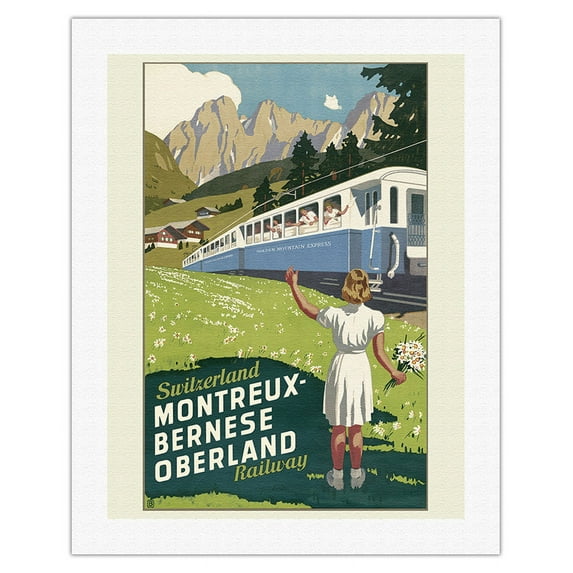 Switzerland - Montreux-Bernese Oberland Railway - The Chocolate Route - Vintage Travel Poster by Otto Baumberger c.1940 - Fine Art Rolled Canvas Print 20in x 26in