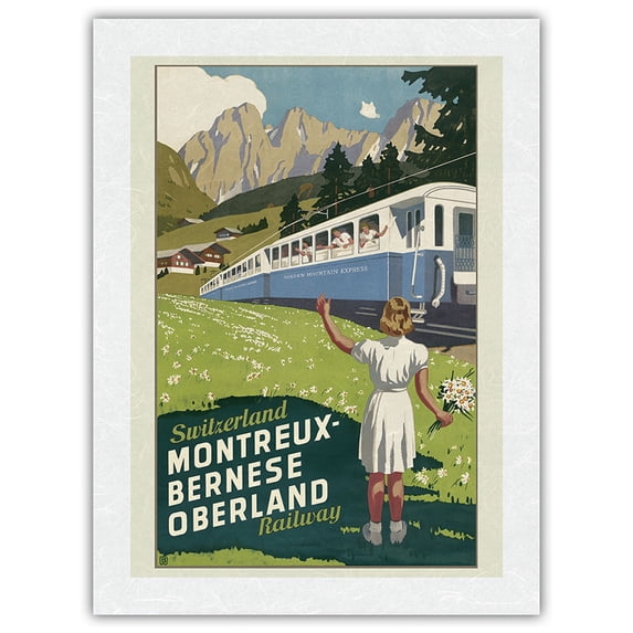 Switzerland - Montreux-Bernese Oberland Railway - The Chocolate Route - Vintage Travel Poster by Otto Baumberger c.1940 - Japanese Unryu Rice Paper Art Print (Unframed) 18 x 24 in