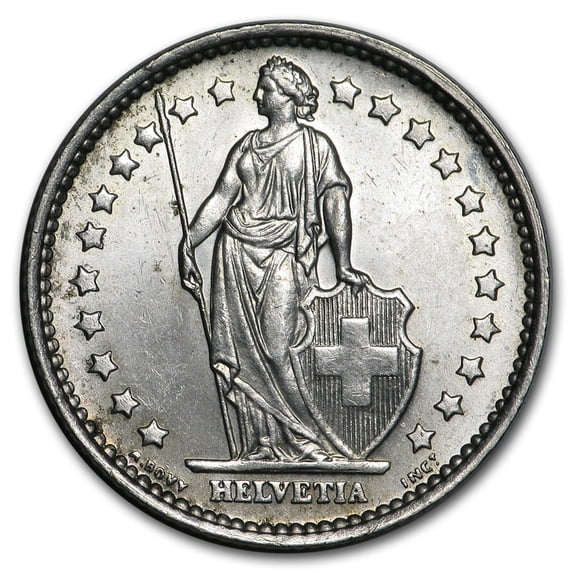 Switzerland Silver 1 Franc Coin, Helvetia Design, BU Condition, .1342 oz Silver, 83.5 Karats