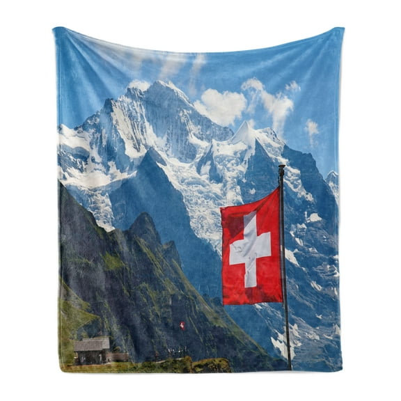 Switzerland Soft Flannel Fleece Blanket, Mannlichen Jungfrau Region Mountains with Snow and National Flag Spring Season, Cozy Plush for Indoor and Outdoor Use, 60" x 80", Multicolor, by Ambesonne
