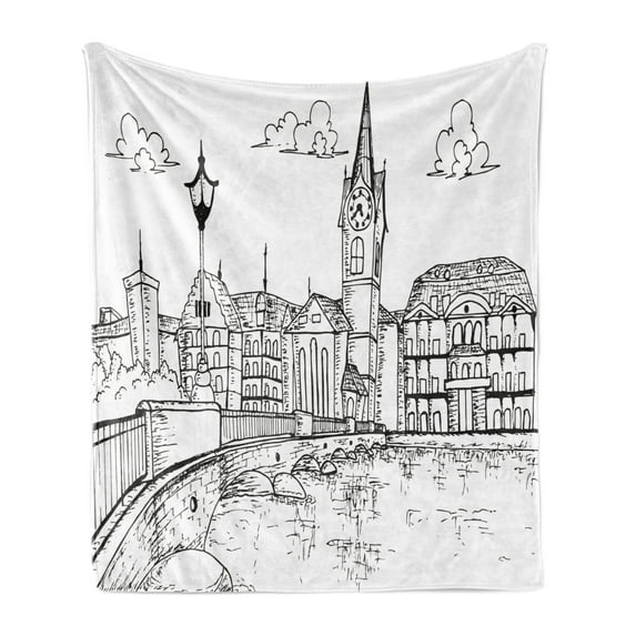 Switzerland Soft Flannel Fleece Blanket, Sketch Style Zurich Town with Bridge and Famous Buildings Monochrome, Cozy Plush for Indoor and Outdoor Use, 50" x 60", Charcoal Grey White, by Ambesonne