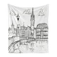 thumbnail image 1 of Switzerland Soft Flannel Fleece Blanket, Sketch Style Zurich Town with Bridge and Famous Buildings Monochrome, Cozy Plush for Indoor and Outdoor Use, 60" x 80", Charcoal Grey White, by Ambesonne, 1 of 6