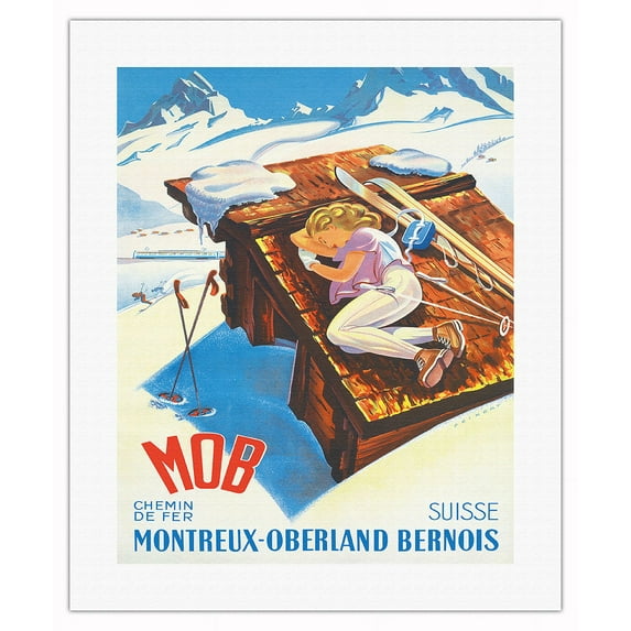 Switzerland (Suisse) - Women Skier - Montreux-Oberland Bernois (MOB) Railway - Vintage Railroad Travel Poster by Martin Peikert c.1956 - Fine Art Rolled Canvas Print 16in x 20in