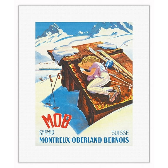Switzerland (Suisse) - Women Skier - Montreux-Oberland Bernois (MOB) Railway - Vintage Railroad Travel Poster by Martin Peikert c.1956 - Fine Art Rolled Canvas Print 11in x 14in