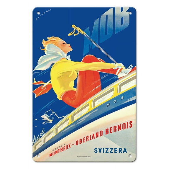 Switzerland (Svizzera) - Skier on Train - Montreux-Oberland Bernois (MOB) Railway - Vintage Railroad Travel Poster by Martin Peikert c.1946 - 8 x 12 inch Vintage Metal Tin Sign