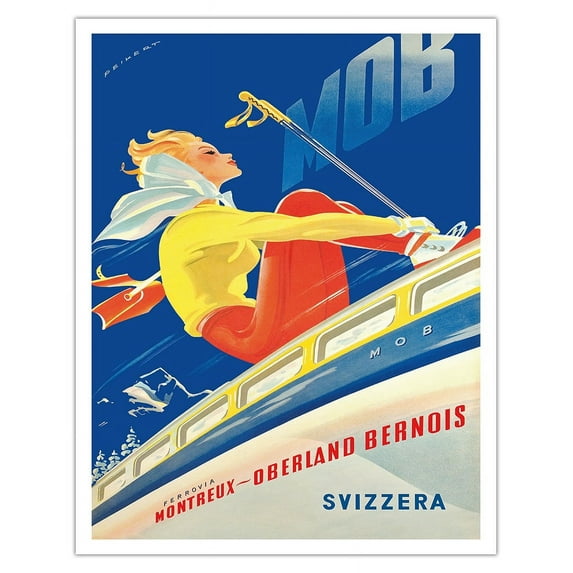 Switzerland (Svizzera) - Skier on Train - Montreux-Oberland Bernois (MOB) Railway - Vintage Railroad Travel Poster by Martin Peikert c.1946 - Fine Art Matte Paper Print (Unframed) 11x14in