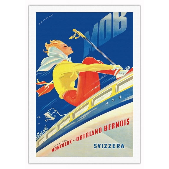 Switzerland (Svizzera) - Skier on Train - Montreux-Oberland Bernois (MOB) Railway - Vintage Railroad Travel Poster by Martin Peikert c.1946 - Fine Art Rolled Canvas Print 27in x 40in