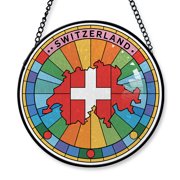 Switzerland Travel Decor Suncatcher Stained Glass Window Hanging, Gift for Traveller, Collection of Country Travel Souvenirs for Family and Friends, Switzerland Map and Flag D cor