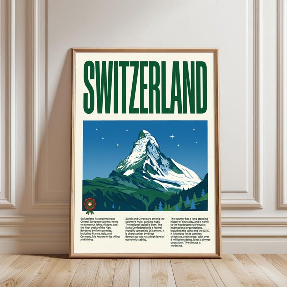 Switzerland Travel Poster Vintage Alps Wall Art
