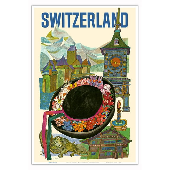 Switzerland - Vintage Travel Poster by David Klein c.1960s - Master Art Print (Unframed) 12in x 18in