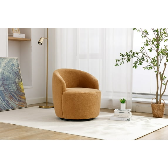 Swive Accent Armchair, Teddy Fabric Barrel Chair, Comfy 360° Single Reading Chair with Black Powder Coating Metal Base for Living Room, Bedroom, Lounge, Hotel, Khaki