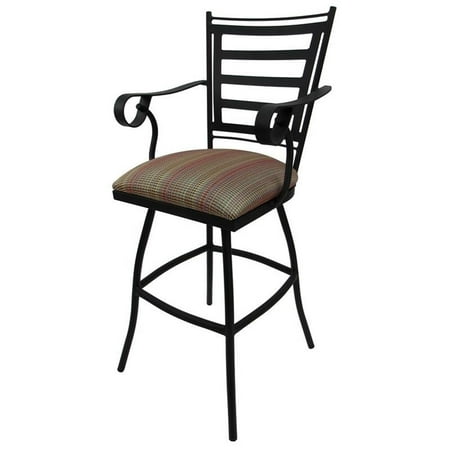 Swivel Outdoor Bar Stool 30" Seat - Jenna - Multi Stripe Red Fabric - Black