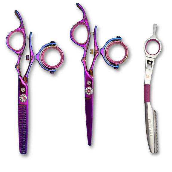 Swivel 5.5" Saki Kohana Pink Hair Shear Set (Swivel Cutting Shears, Swivel Thinning Shears, Razor, Case) - 440C Steel - For Professional Use