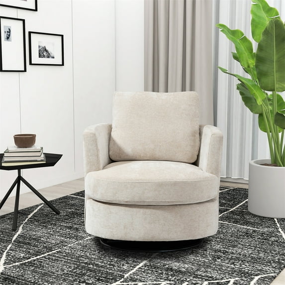 Swivel Accent Barrel Chair, Round Accent Sofa Chair with Pillow, Upholstered Single Club Leisure Chair, Chenille Oversized Armchair for Living Room Bedroom Lounge Hotel Office, Beige