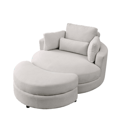 Swivel Accent Barrel Chair with Storage Ottoman, 51'' Accent Barrel Sofa Club Lounge Chair, Linen Fabric Round Oversize Swivel Leisure Chair with Pillows for Living Room, Hotel (Beige)