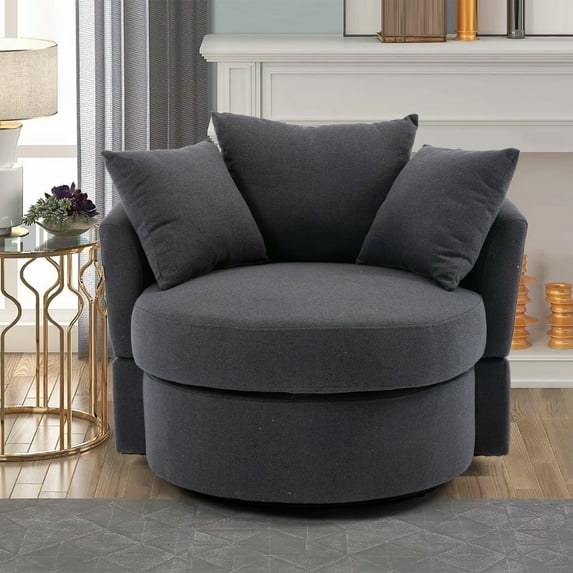 Swivel Accent Barrel Sofa Chair with 3 Pillows, Linen Upholstered Round Chair with Swiveling Metal Base and Padded Seat Cushion, Modern Single Sofa Chair for Living Room Bedroom, Dark Gray