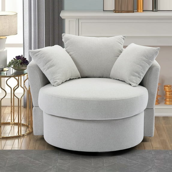 Swivel Accent Barrel Sofa Chair with 3 Pillows, Linen Upholstered Round Chair with Swiveling Metal Base and Padded Seat Cushion, Modern Single Sofa Chair for Living Room Bedroom, Beige