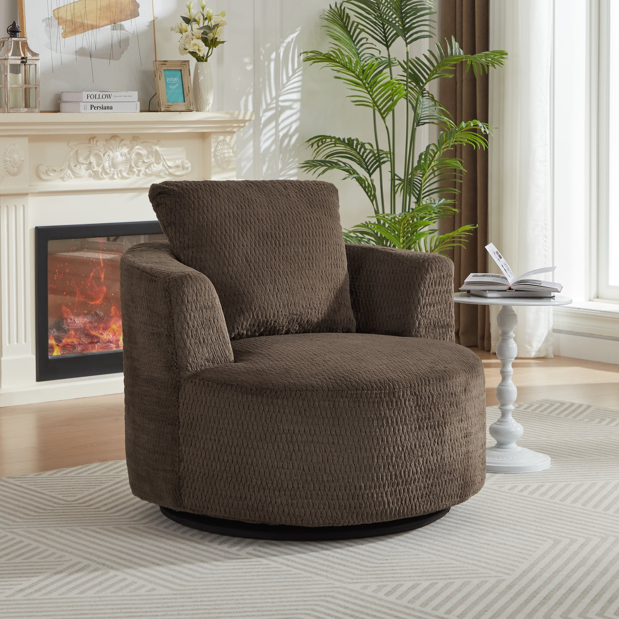 Swivel Accent Chair,360° Barrel Accent Chair,Modern Faux Fur Armchair for Living Room,Office,Apartment,Dark Brown