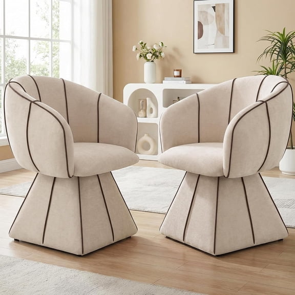 Swivel Accent Chair, 360° Cute Vanity Chair with Curved Back – Small Pink Barrel Chair in Soft Cotton Fabric for Bedroom or Living Room ( Beige,Set of 2)