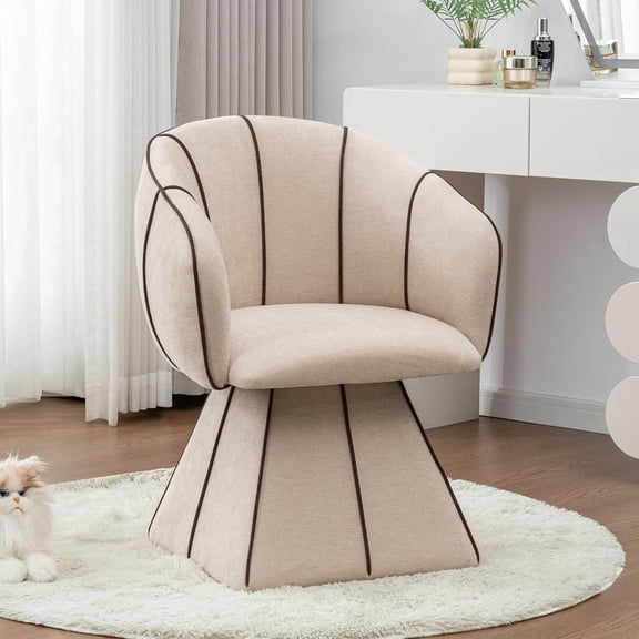 Swivel Accent Chair, 360° Cute Vanity Chair with Curved Back – Small Pink Barrel Chair in Soft Cotton Fabric for Bedroom or Living Room ( Beige)