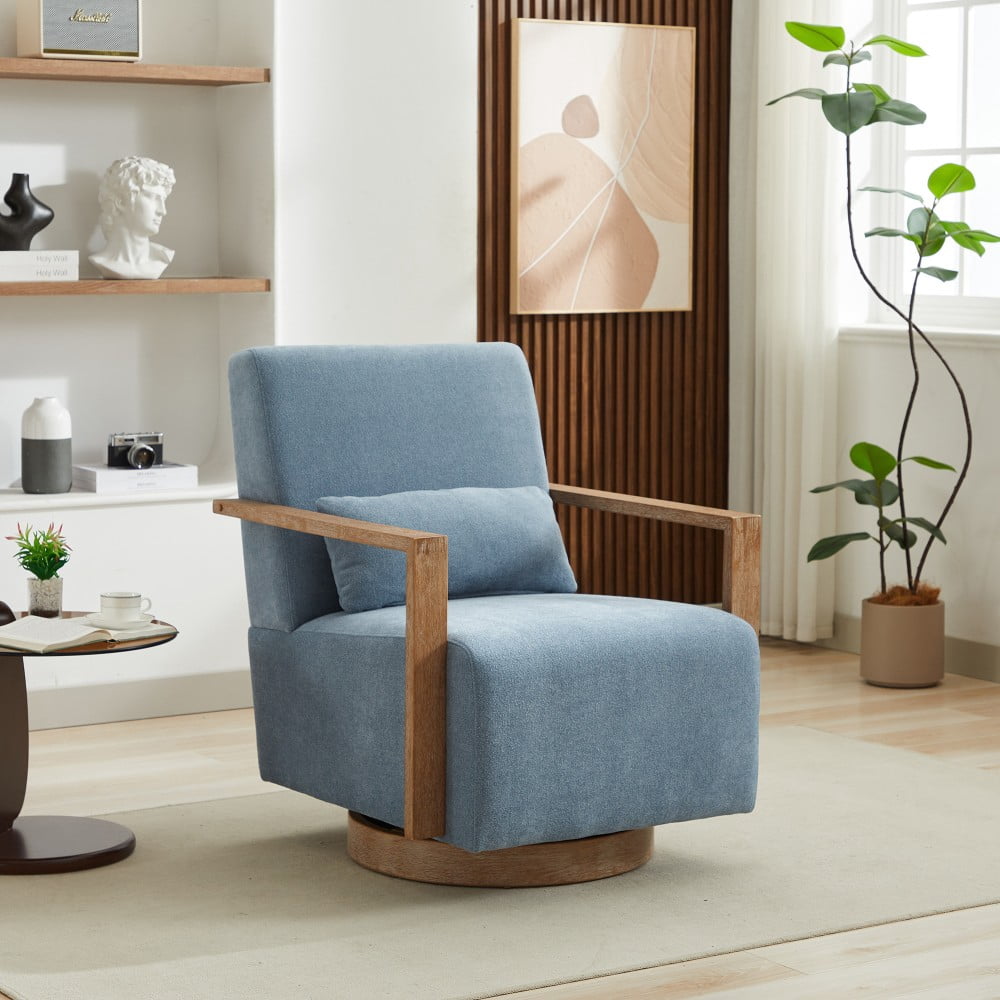 Swivel Accent Chair, 360 Degree Modern Upholstered Lounge Chair with Solid Wood Armrests, Linen Blend Fabric, Comfy Reading Chair for Living Room, Bedroom & Office, Blue