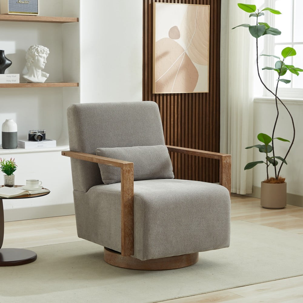Swivel Accent Chair, 360 Degree Modern Upholstered Lounge Chair with Solid Wood Armrests, Linen Blend Fabric, Comfy Reading Chair for Living Room, Bedroom & Office, Gray