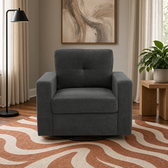 Swivel Accent Chair, 360-Degree Single Sofa Chair with Point-Tufted Backrest & Square Arms, Mid-Century Modern for Living Room Bedroom, Dark Gray