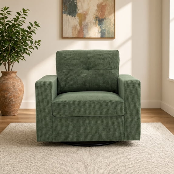 Swivel Accent Chair, 360-Degree Single Sofa Chair with Point-Tufted Backrest & Square Arms, Mid-Century Modern for Living Room Bedroom, Dark Green