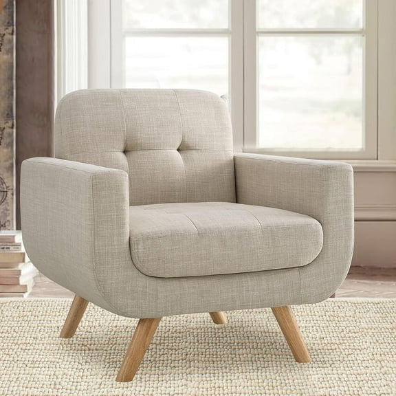 Accent Chair, Comfy Upholstered Armchair with Solid Wood Legs, Linen Fabric Modern High Back Chair for Living Room Chairs, Accent Reading Chairs Single Sofa Chairs, Beige