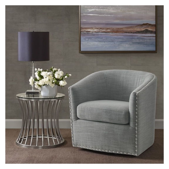 Swivel Accent Chair, 360 Rotation Living Room Chair, Solid Wood Frame with Nailhead Trim, Fully Assembled Grey Fabric Upholstery