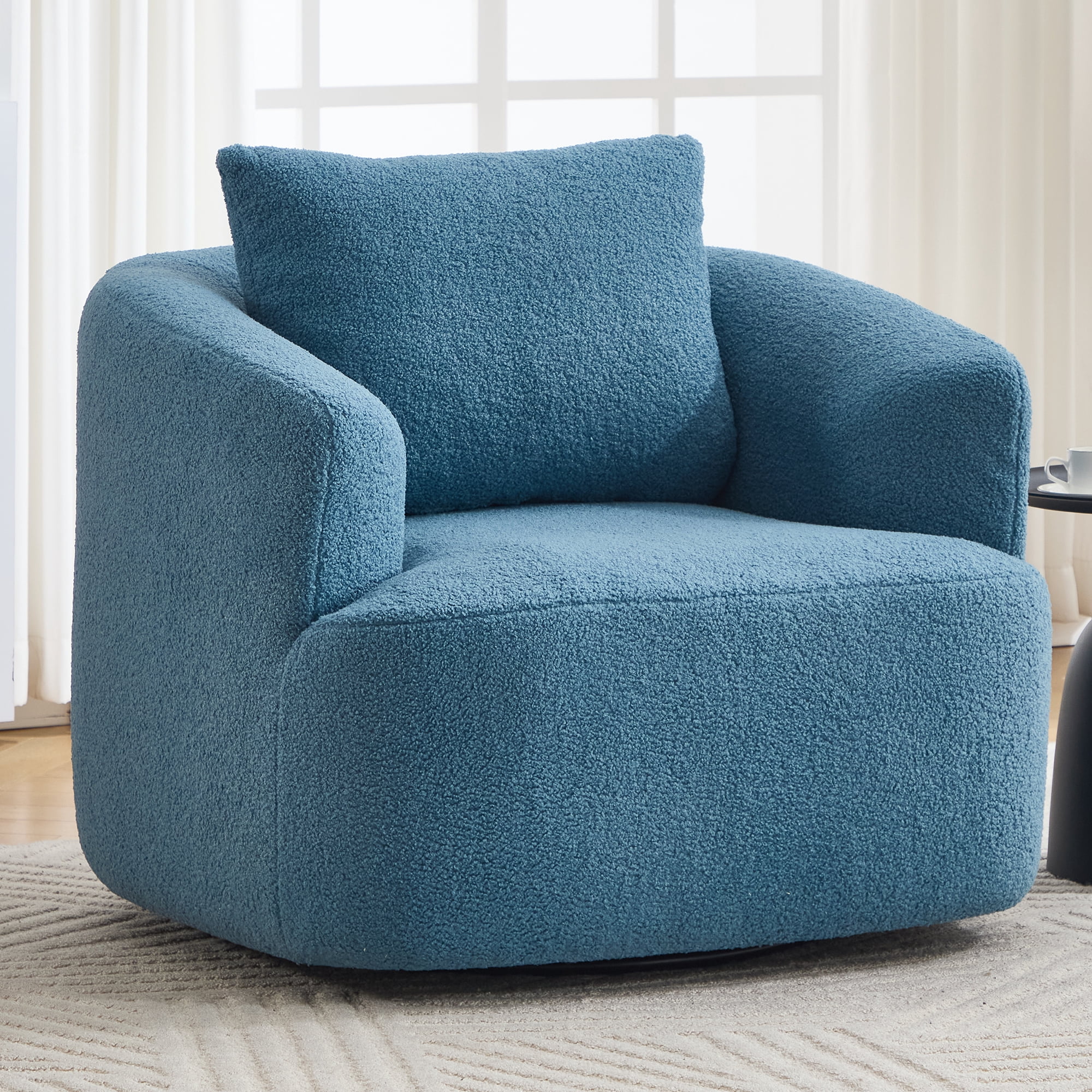 Swivel Accent Chair,360° Round Upholstered Armchair with One Soft Pillow,Teddy Fleece High-Resilience Sponge Single Sofa for Living Room, Bedroom, Apartment,No Assembly,Blue