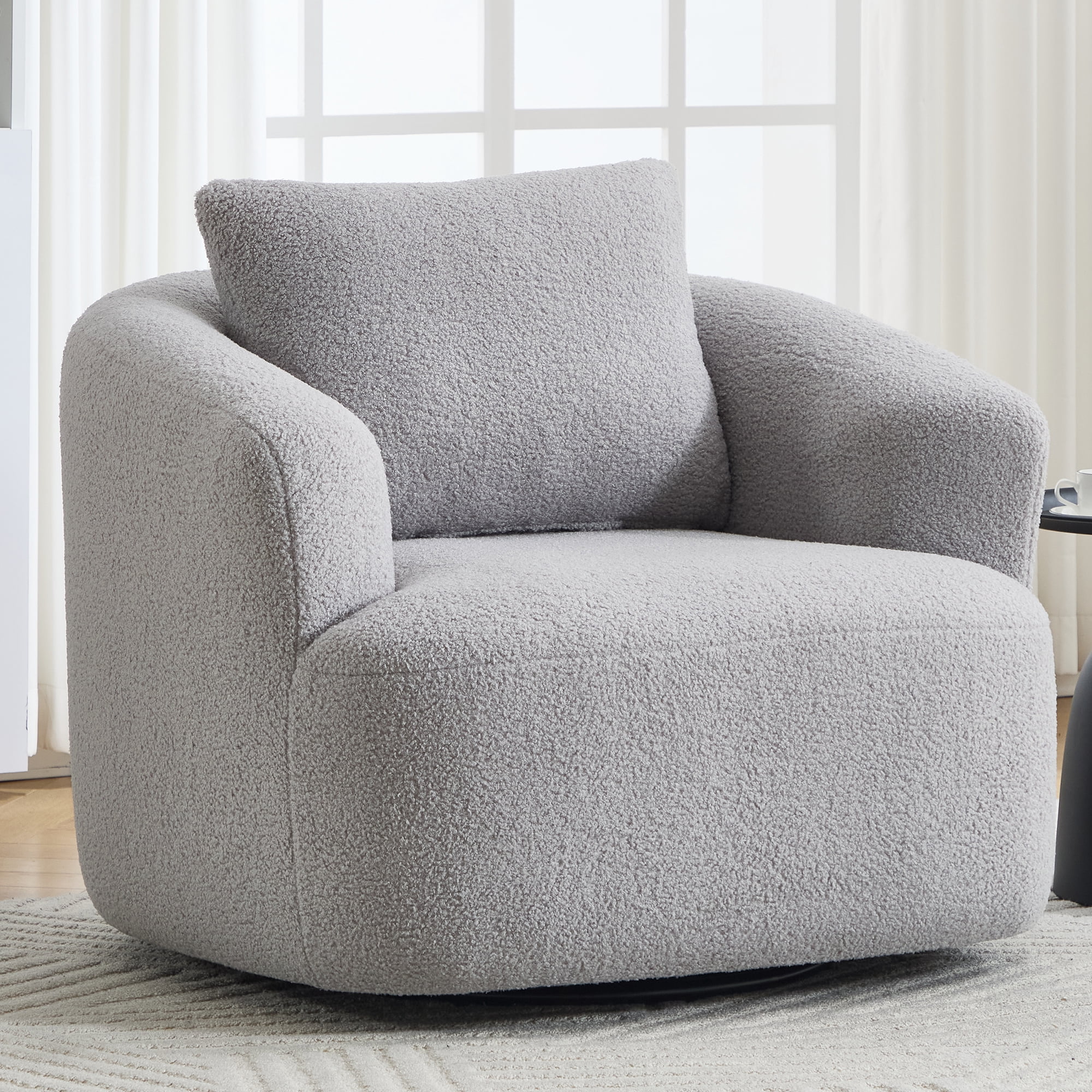 Swivel Accent Chair,360° Round Upholstered Armchair with One Soft Pillow,Teddy Fleece High-Resilience Sponge Single Sofa for Living Room, Bedroom, Apartment,No Assembly,Light Gray