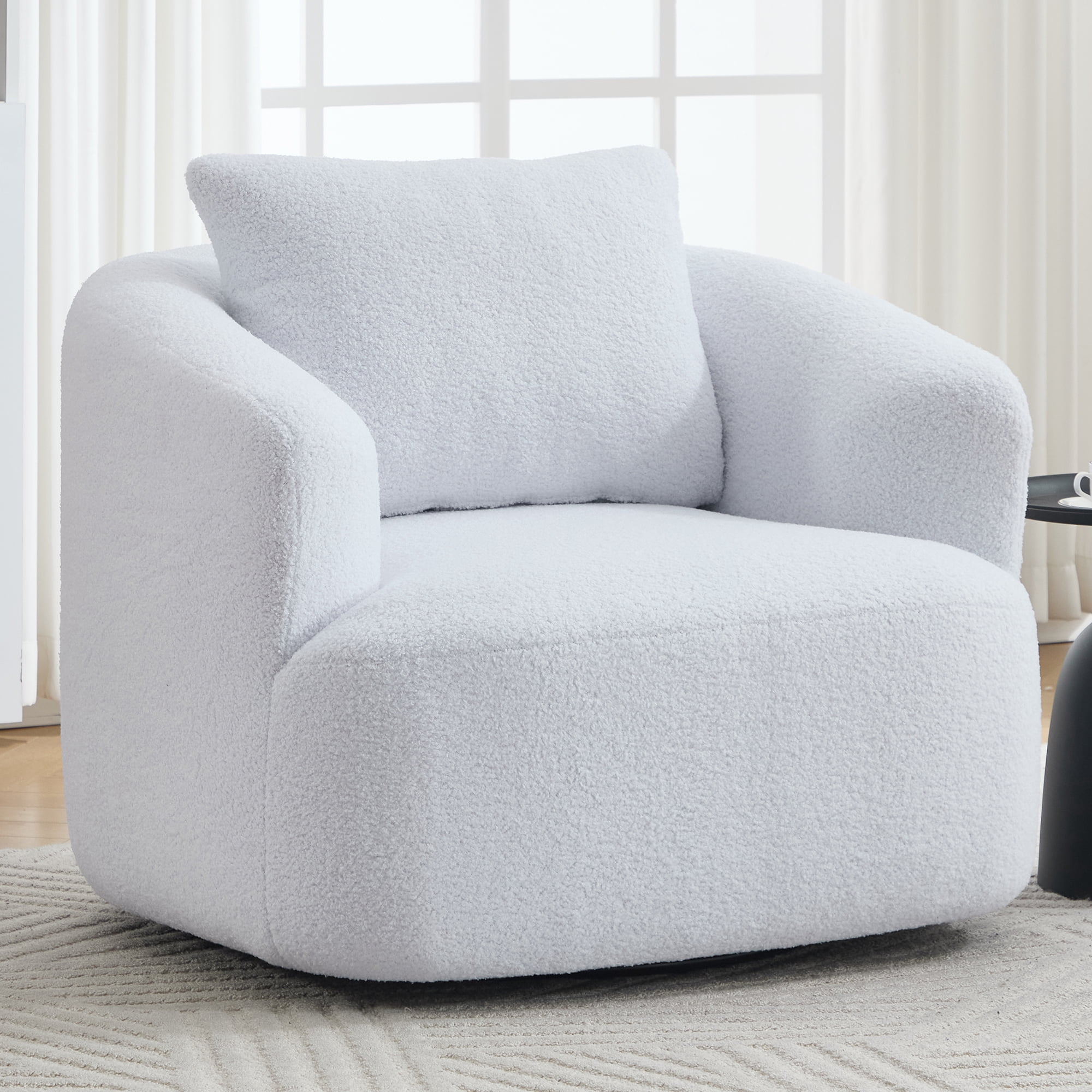Swivel Accent Chair,360° Round Upholstered Armchair with One Soft Pillow,Teddy Fleece High-Resilience Sponge Single Sofa for Living Room, Bedroom, Apartment,No Assembly,White