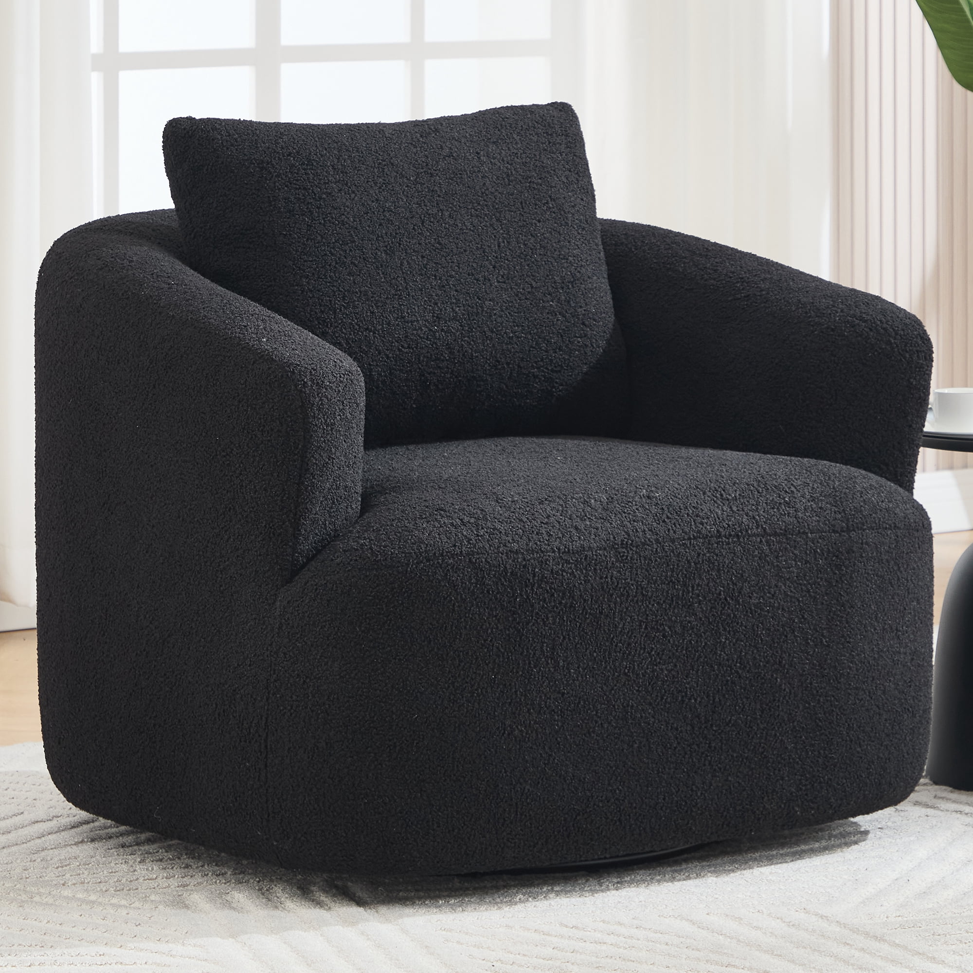 Swivel Accent Chair,360° Round Upholstered Armchair with One Soft Pillow,Teddy Fleece High-Resilience Sponge Single Sofa for Living Room, Bedroom, Apartment,No Assembly,Black