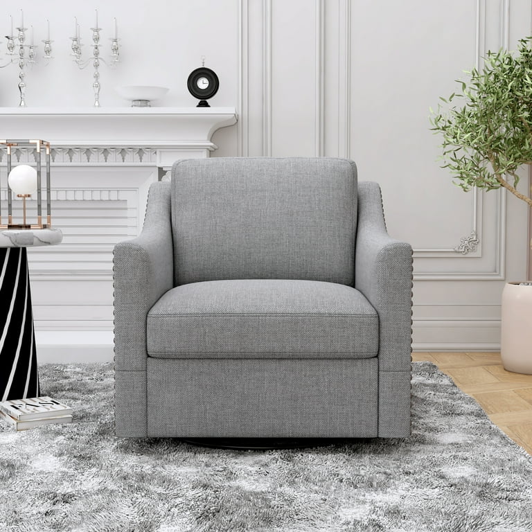 Swivel Accent Chair 360 degree Swivel Armchair with Brass Nailhead Trim and Metal Base Comfy Cotton Linen Sofa Chair for Living Room Bedroom