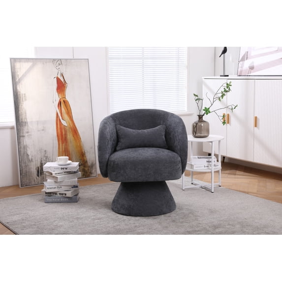 Swivel Accent Chair, 360-degree Sofa Chair with Barrel-curved Backrest and Round Solid Wood Base, Comfy Barrel Chair for Living Room Bedroom Apartment, Dark Grey