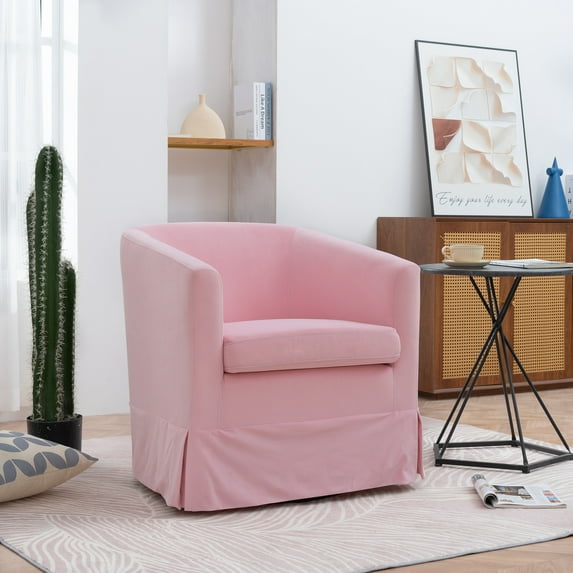 Swivel Accent Chair Armchair, Comfy Round Barrel Chair with Loose Cover and Wood Frame, 27.36" Wide Swivel Chair in Fabric for Living Room Bedroom Office, Pink
