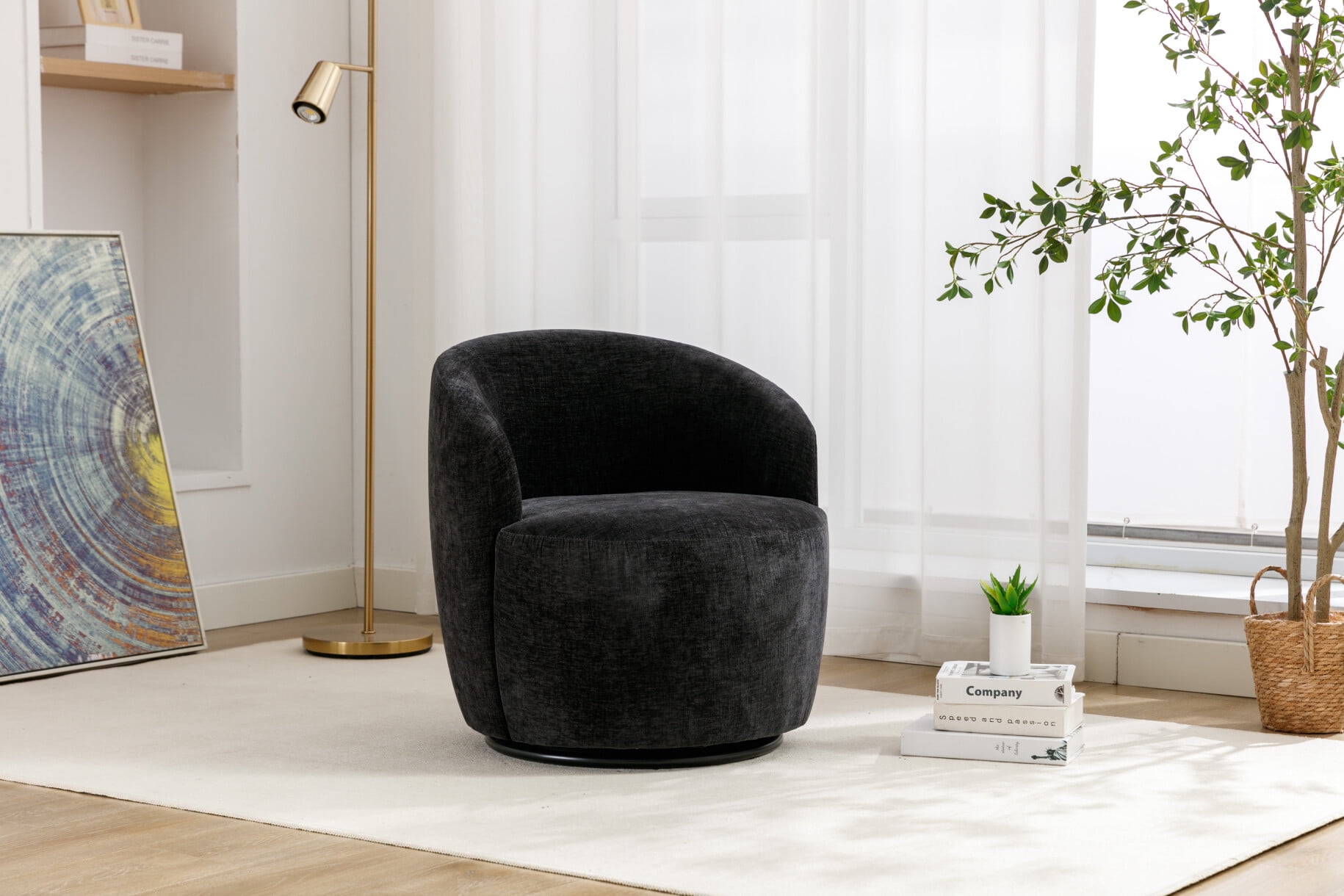 Swivel Accent Chair, Chenille Swivel Barrel Chair with Black Powder ...