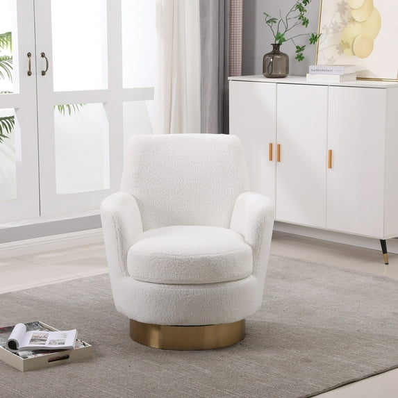 Swivel Accent Chair, Faux Fur Barrel Chair with Round Golden Base and Ergonomic Backrest, Comfy Armchair for Living Room Bedroom Apartment, Ivory