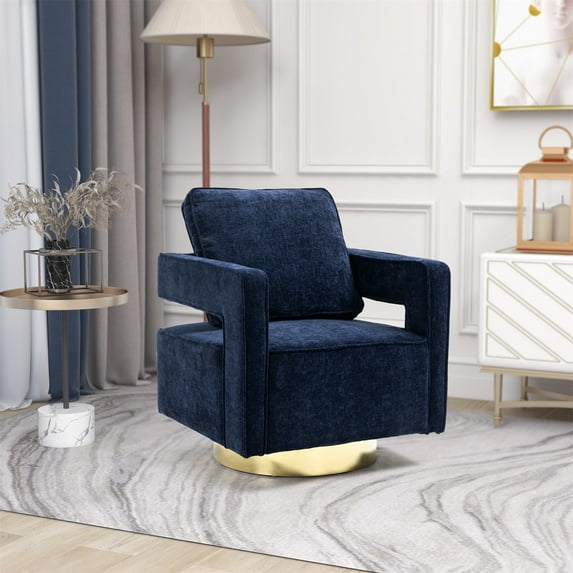 Swivel Accent Chair for Living Room, Modern Comfy Upholstered Single Sofa Lounge Chair with Open Back & Gold Stainless Steel Base, Club Chair Reading Armchair for Nursery Bedroom Hotel Office, Navy