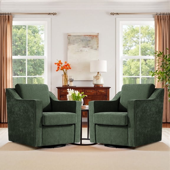 Swivel Accent Chair for Living Room, Modern Upholstered Barrel Arm Chair with Plump Back Pillow, Comfy Club Sofa Reading Chair for Adults (Chenille Green, Set of 2)