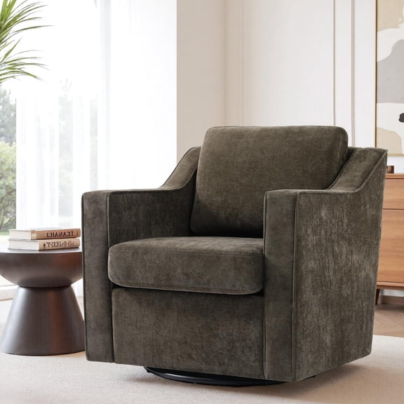 Swivel Accent Chair for Living Room, Modern Upholstered Barrel Arm Chair with Plump Back Pillow, Comfy Club Sofa Reading Chair for Adults (Chenille Light Coffee, Set of 1)