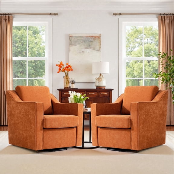 Swivel Accent Chair for Living Room, Modern Upholstered Barrel Arm Chair with Plump Back Pillow, Comfy Club Sofa Reading Chair for Adults (Chenille Orange, Set of 2)
