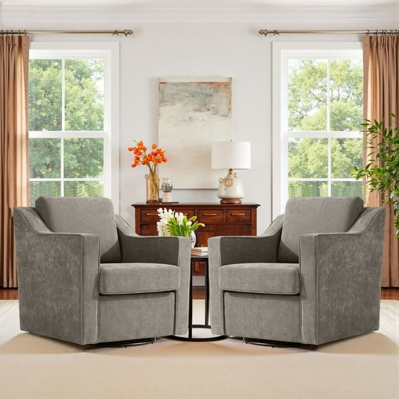 Swivel Accent Chair for Living Room, Modern Upholstered Barrel Arm Chair with Plump Back Pillow, Comfy Club Sofa Reading Chair for Adults (Chenille Sand, Set of 2)