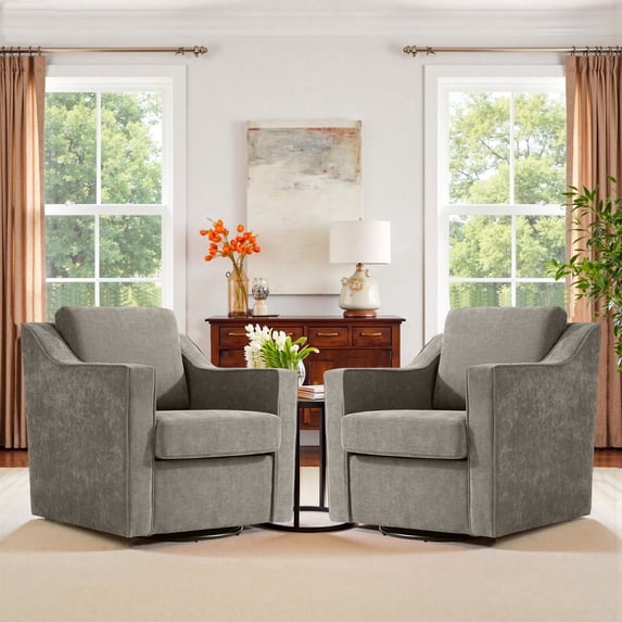 Swivel Accent Chair for Living Room, Modern Upholstered Barrel Arm Chair with Plump Back Pillow, Comfy Club Sofa Reading Chair for Adults (Chenille Sand, Set of 2)