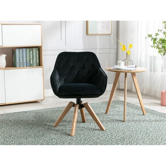 Swivel Accent Chair, Mid Century Modern Desk Chair with Wood Legs, Velvet Armchair for Living Room/Bedroom/Home Office, Black